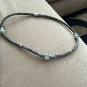 Leather skin necklace with silver charms and pearl  glass beads magnetic closure